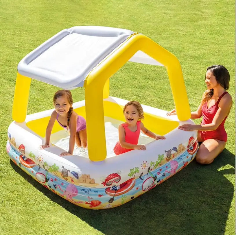 Piscina Gonflabila cu Acoperis model Casuta pentru Copii si Protectie UV,157 x 157 x 122 cm