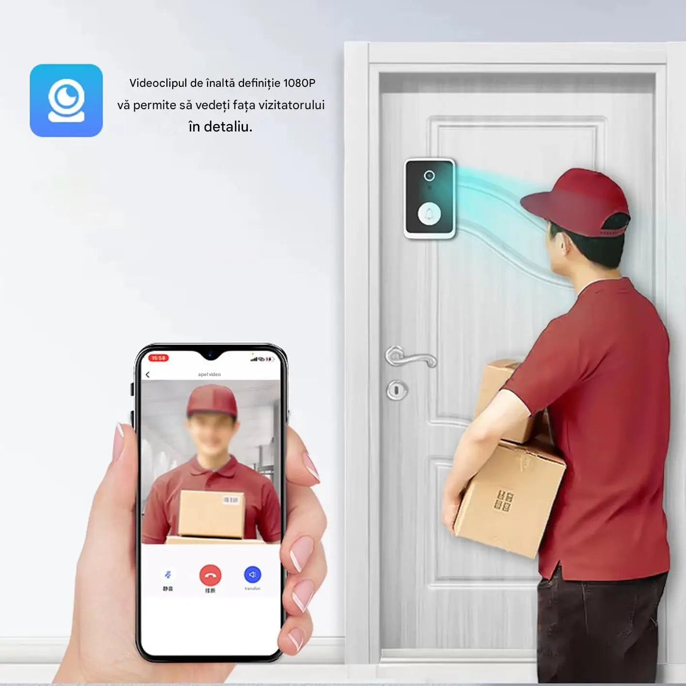 Sonerie Inteligenta cu Camera WiFi HD Senzor Miscare Audio Bidirectional Night Vision Notificari pe Telefon