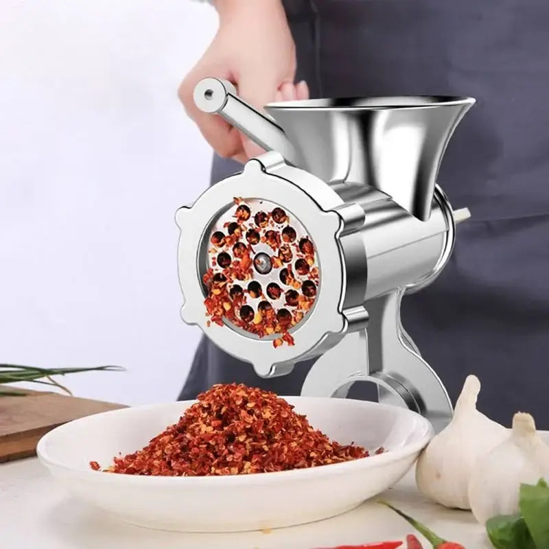 Imagine cu masina manuala de tocat carne din aluminiu, procesând chili flakes