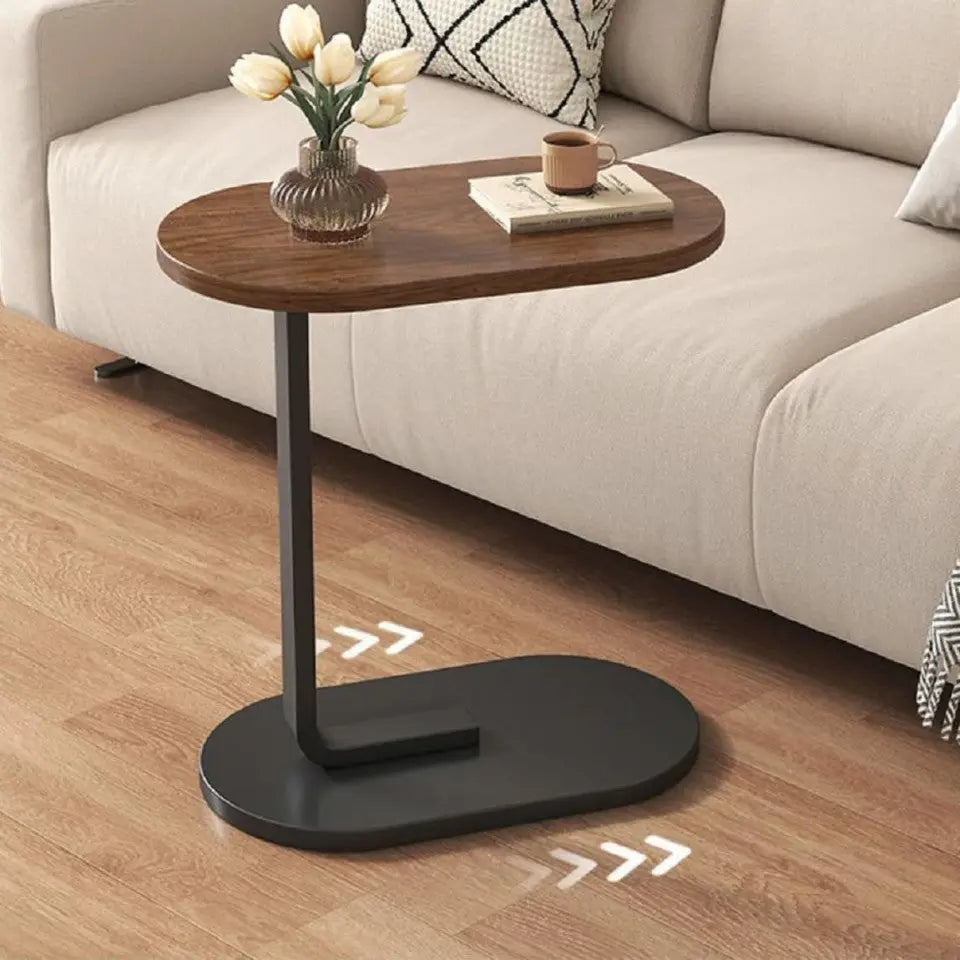 Aceasta masuta cafea ovala din lemn maro cu baza din metal negru, 2 niveluri.