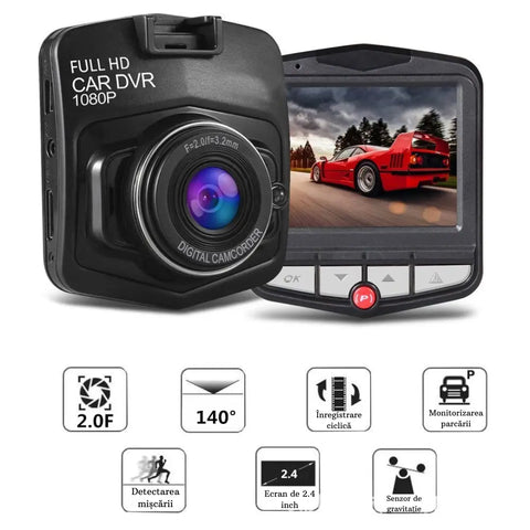 Imagine auto dvr cu ecran LCD și iconițe funcții, mini camera auto 1080p.