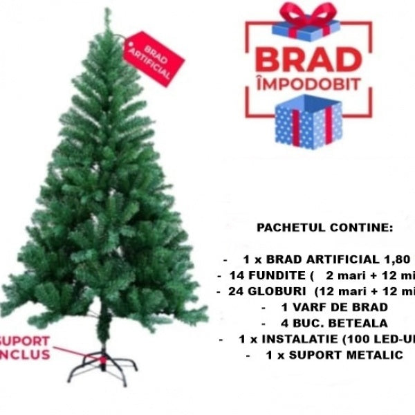 Pachet Brad Artificial cu Accesorii Incluse pentru Impodobit 180cm - Sarbatori Iarna