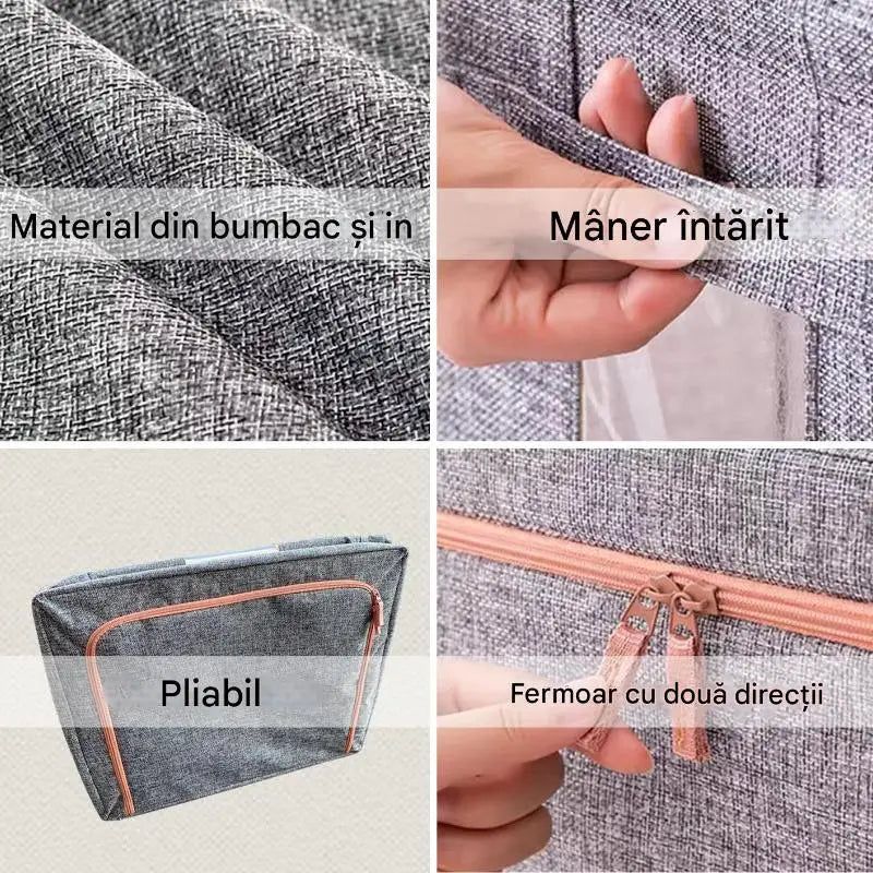 Set 3 x Cutie Pliabila cu Fermoar si Fereastra pentru Depozitare 24L + 66L + 100L Gri