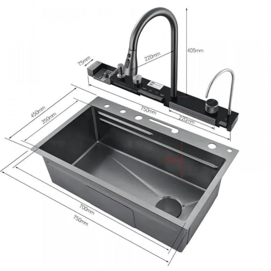 Chiuvetă multifuncțională din oțel inoxidabil cu dus reglabil 75x46x22 și accesoriu cascadă