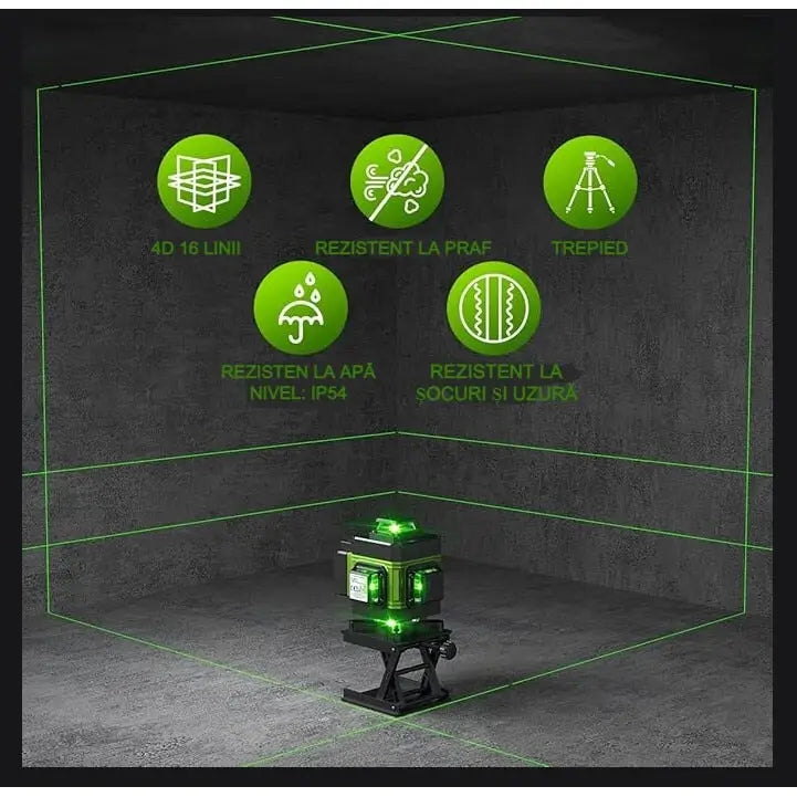 Nivela Laser 4D Profesionala Verde cu 16 Linii + Trepied 2 Baterii Telecomanda si Valiza de Transport – Instrument