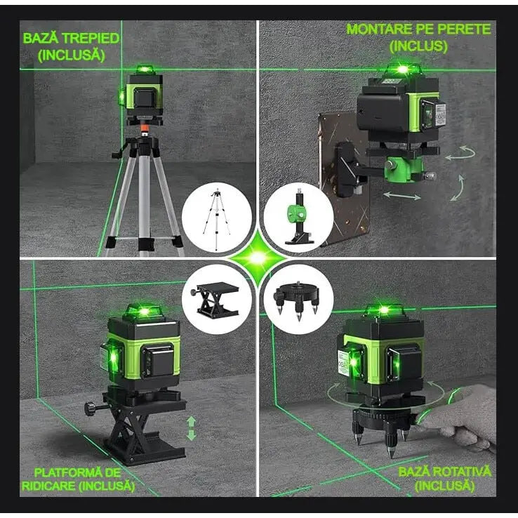 Nivela Laser 4D Profesionala Verde cu 16 Linii + Trepied 2 Baterii Telecomanda si Valiza de Transport – Instrument