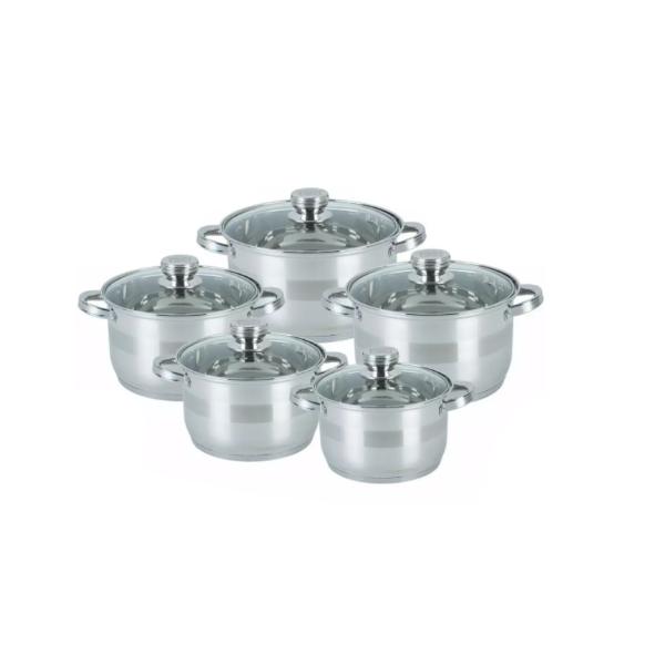 Set 5 Oale Inox cu Capace din Sticla Termorezistenta Dimensiuni 18-20-22-24-26 cm Baza Termica Manere Metalice Gatit