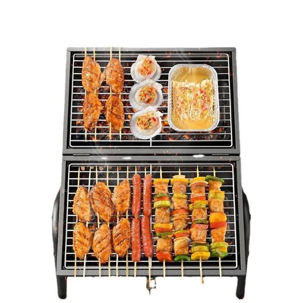 Grătar portabil multifuncțional cu suport triunghiular stabil și suprafață dublă din oțel inoxidabil pentru camping