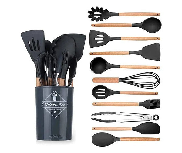 Set 12 ustensile de gatit din silicon maner rezistent din bambus negre Articole Bucatarie