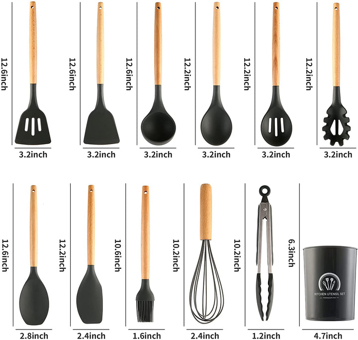 Set 12 ustensile de gatit din silicon maner rezistent din bambus negre Articole Bucatarie