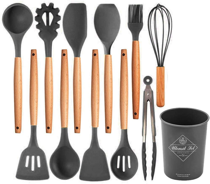 Set 12 ustensile de gatit din silicon maner rezistent din bambus negre Articole Bucatarie