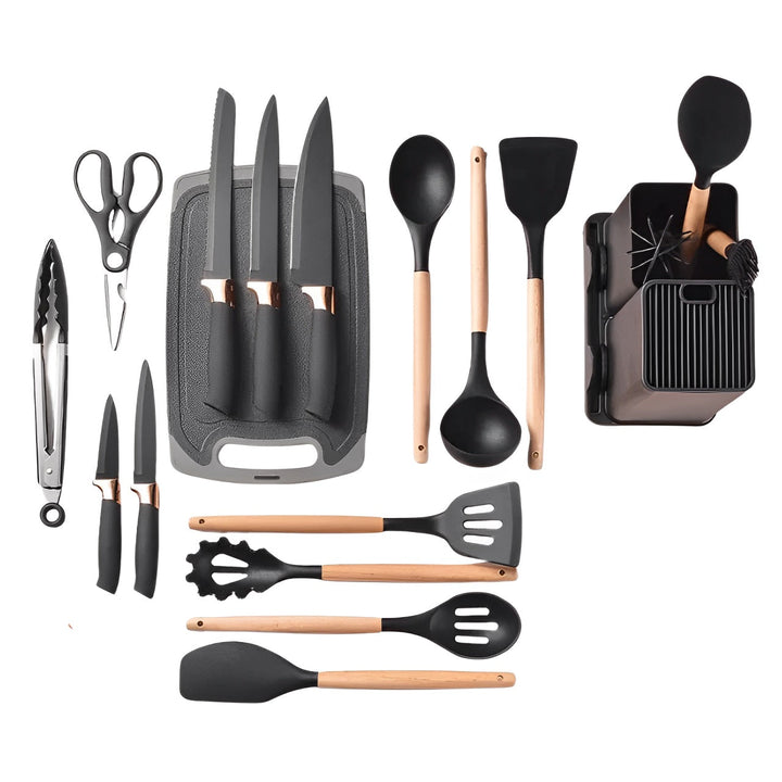 Set 19 Ustensile pentru Bucatarie din Silicon,cu Maner de Lemn si Suport