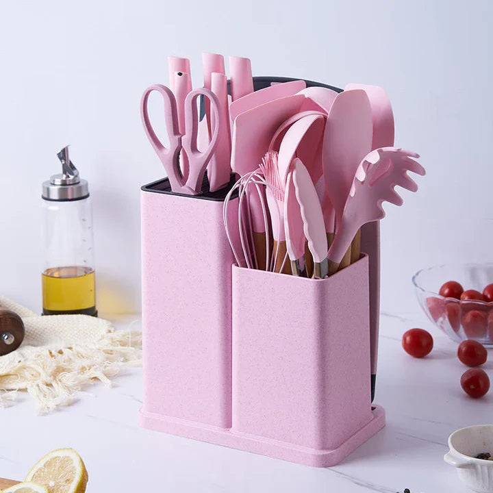 Set 19 Ustensile pentru Bucatarie din Silicon,cu Maner de Lemn si Suport