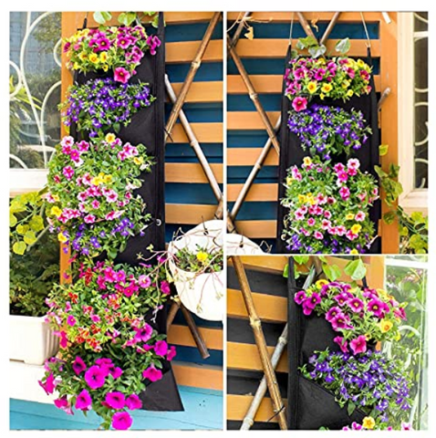Jardiniera pentru gradina cu buzunare verticale, plină cu petunii colorate pentru gradina
