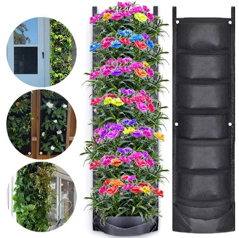 Jardiniera pentru gradina verticala cu multiple buzunare negre pentru flori si plante