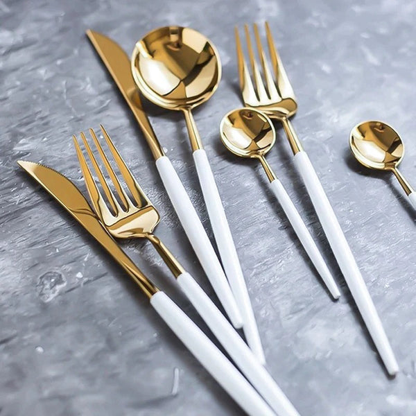 Set 24 de tacamuri 6 persoane otel inoxidabil auriu cu alb - Articole Bucatarie