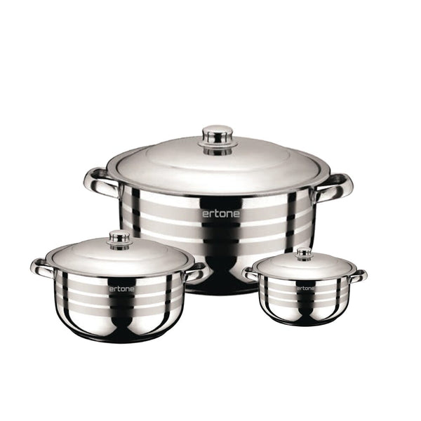 Set 3 oale din inox Ertone MN-515 cu 3 capace din sticla 20cm/3.2L 22cm/4,5L 24cm/6,3L Inox