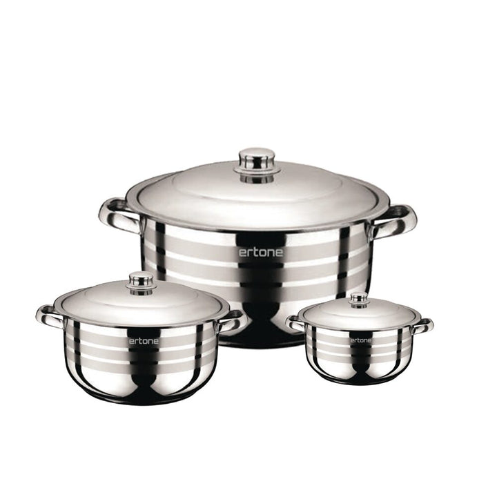 Set 3 oale din inox Ertone MN-515 cu 3 capace din sticla 20cm/3.2L 22cm/4,5L 24cm/6,3L Inox