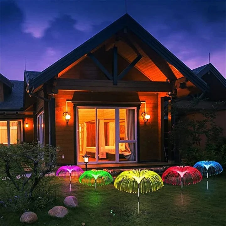 Set 4 x Lampa solara tip meduza fibra optica LED RGB 60 cm rezistenta la apa - Lampi Solare