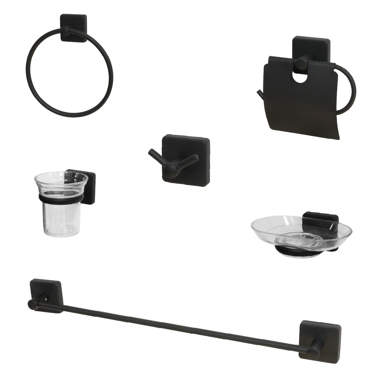 Set accesorii pentru baie model negru cu design unitar și accesorii din sticlă