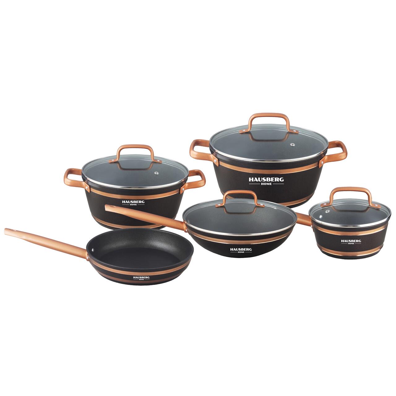 Set oale 9 piese HAUSBERG HB-H767 interior antiaderent manere soft touch capac sticla finisaj cu linie aurie