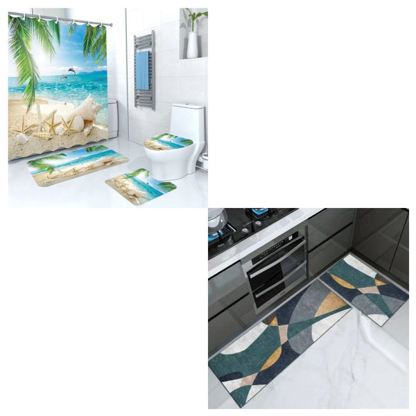 Set Pentru Baie: Perdea Covorase Si Husa De Toaleta + Set 2 x Covoare pentru Bucatarie