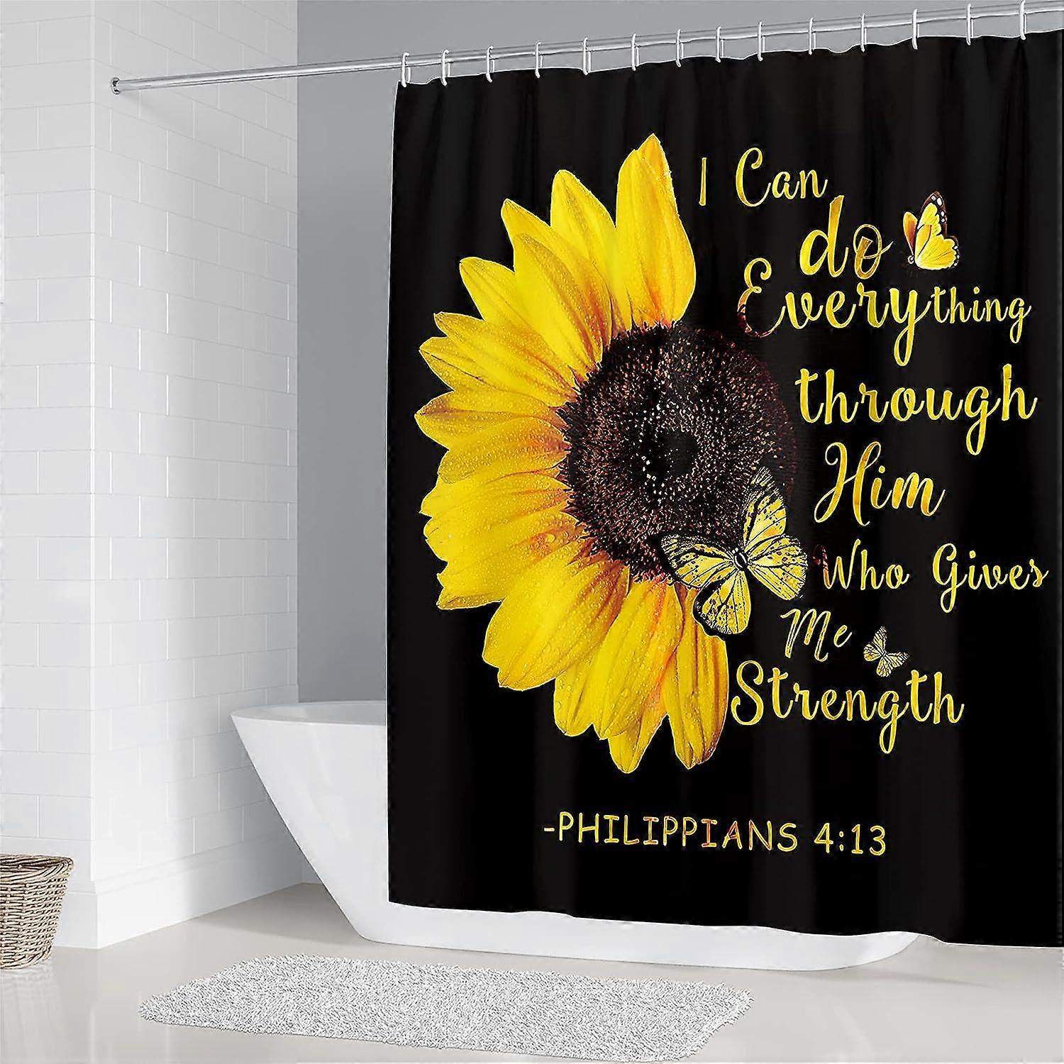 Perdea de duș neagră cu floarea soarelui și fluturi, elementele din set pentru zona din fața