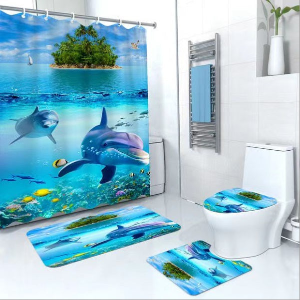 Set Pentru Baie: Perdea Covorase Si Husa De Toaleta - Two Dolphins