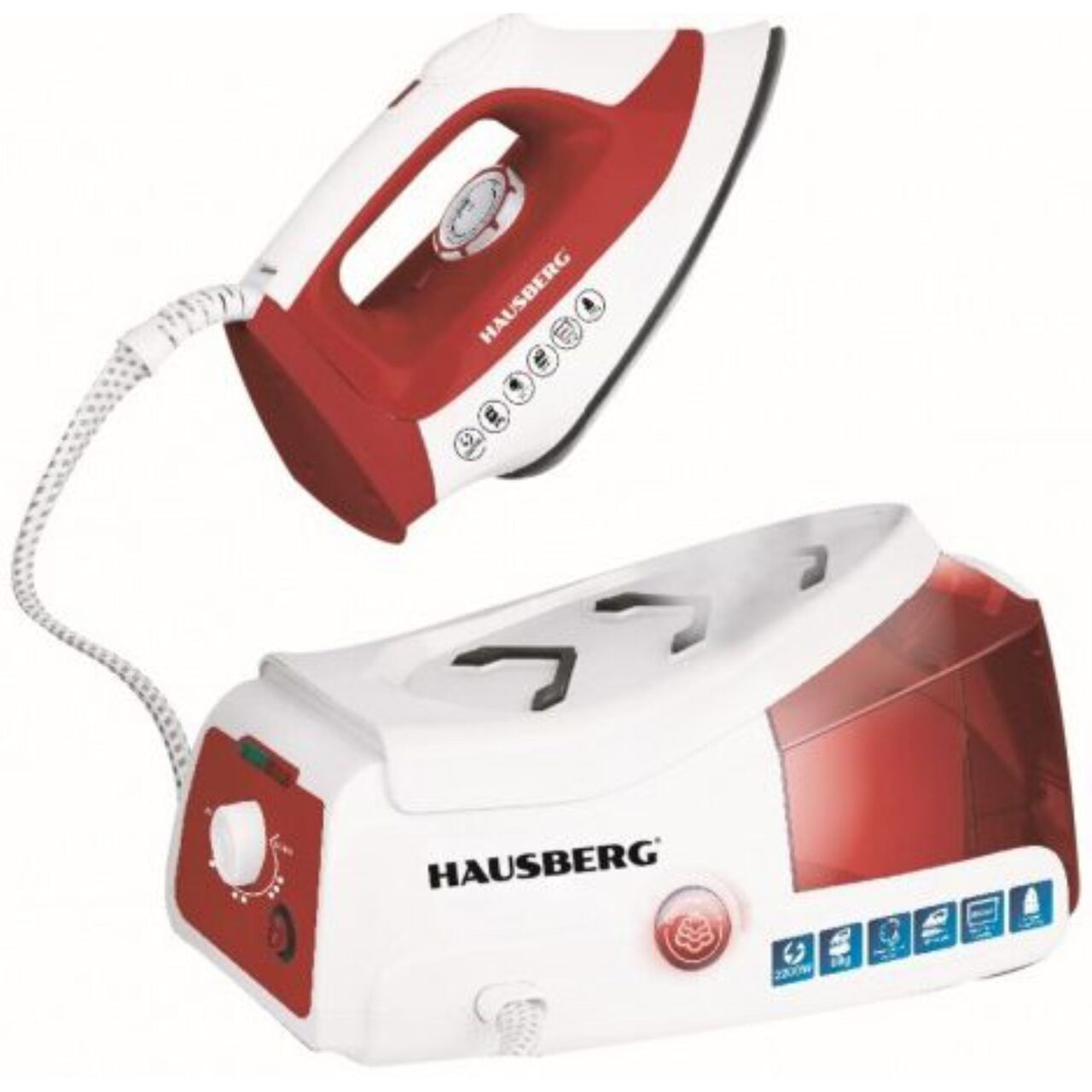 Statie de calcat HAUSBERG HB-7920RS 2200W 68g/min 1000ml anti-calcar termostat talpa ceramica Rosu-Alb